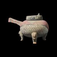 An Unusual Chinese Painted Pottery Jiaodou Vessel, Han Dynasty 漢 彩繪灰陶鐎斗