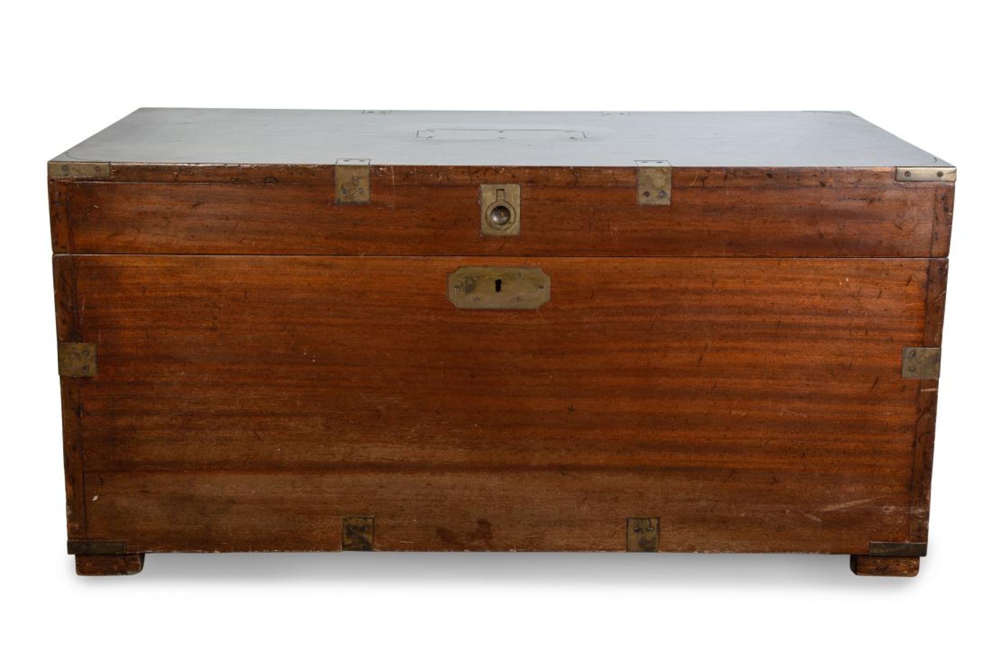 An English Campaign Style Walnut Traveling Chest — 20TH CENTURY