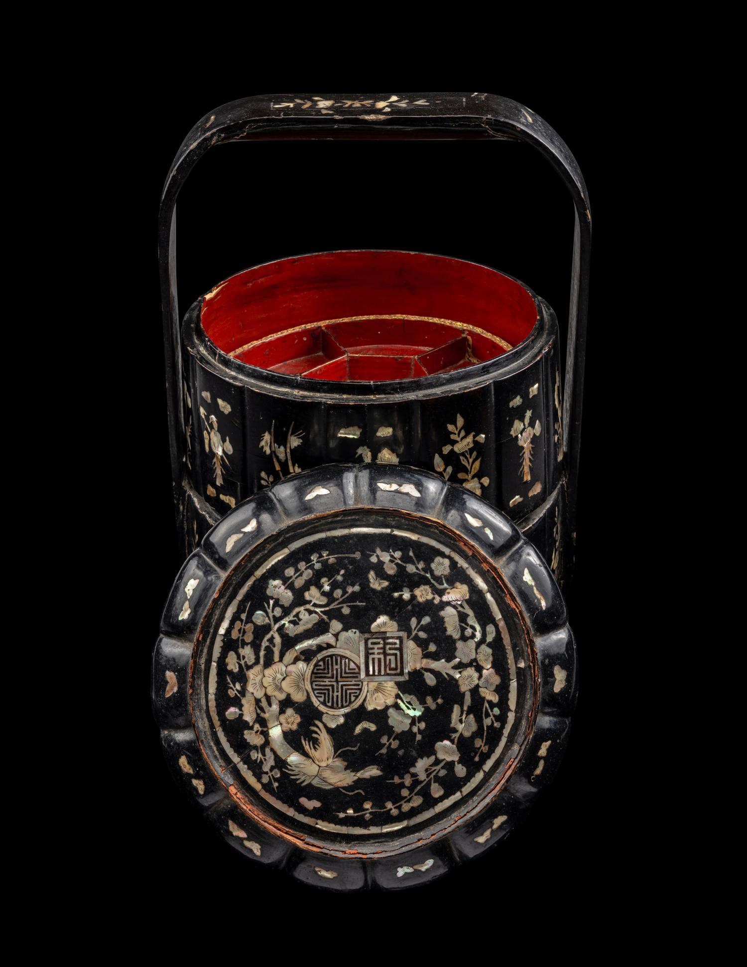 A Chinese Mother-of-Pearl Inlaid Black Lacquer Two-Tier Food Basket, Tihe