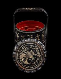 A Chinese Mother-of-Pearl Inlaid Black Lacquer Two-Tier Food Basket, Tihe