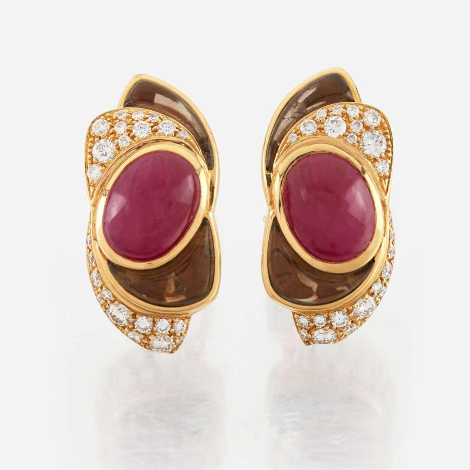 A pair of ruby, smoky quartz, diamond, and gold earrings, Marina B