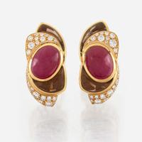 A pair of ruby, smoky quartz, diamond, and gold earrings, Marina B