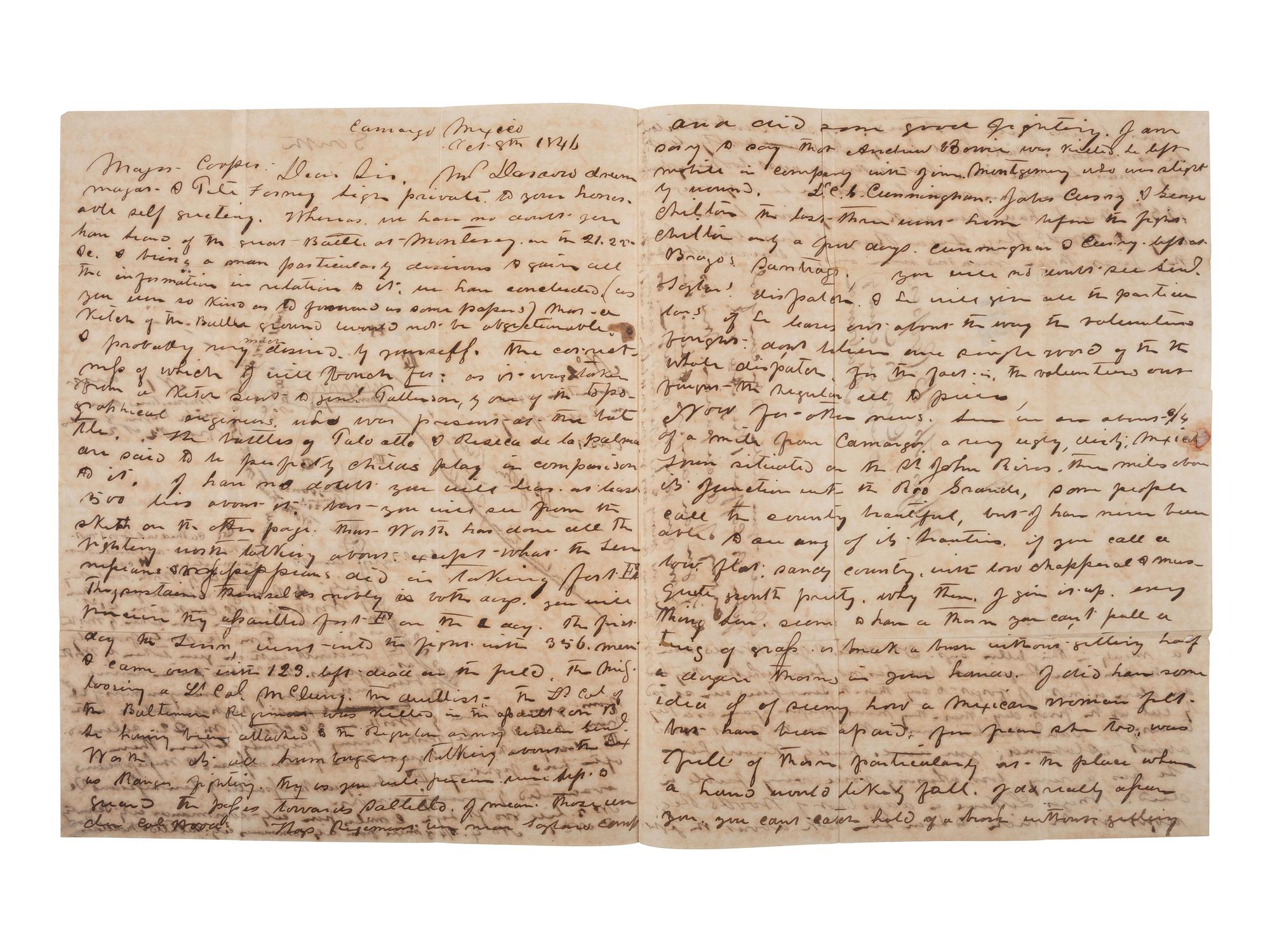 [MEXICAN-AMERICAN WAR]. Letter from a soldier in the 1st Regiment Alabama Volunteer Army of Occupation Mexico describing the Battle of Monterrey, incl. hand-drawn map. Camargo, Mexico. 8 October 1846.