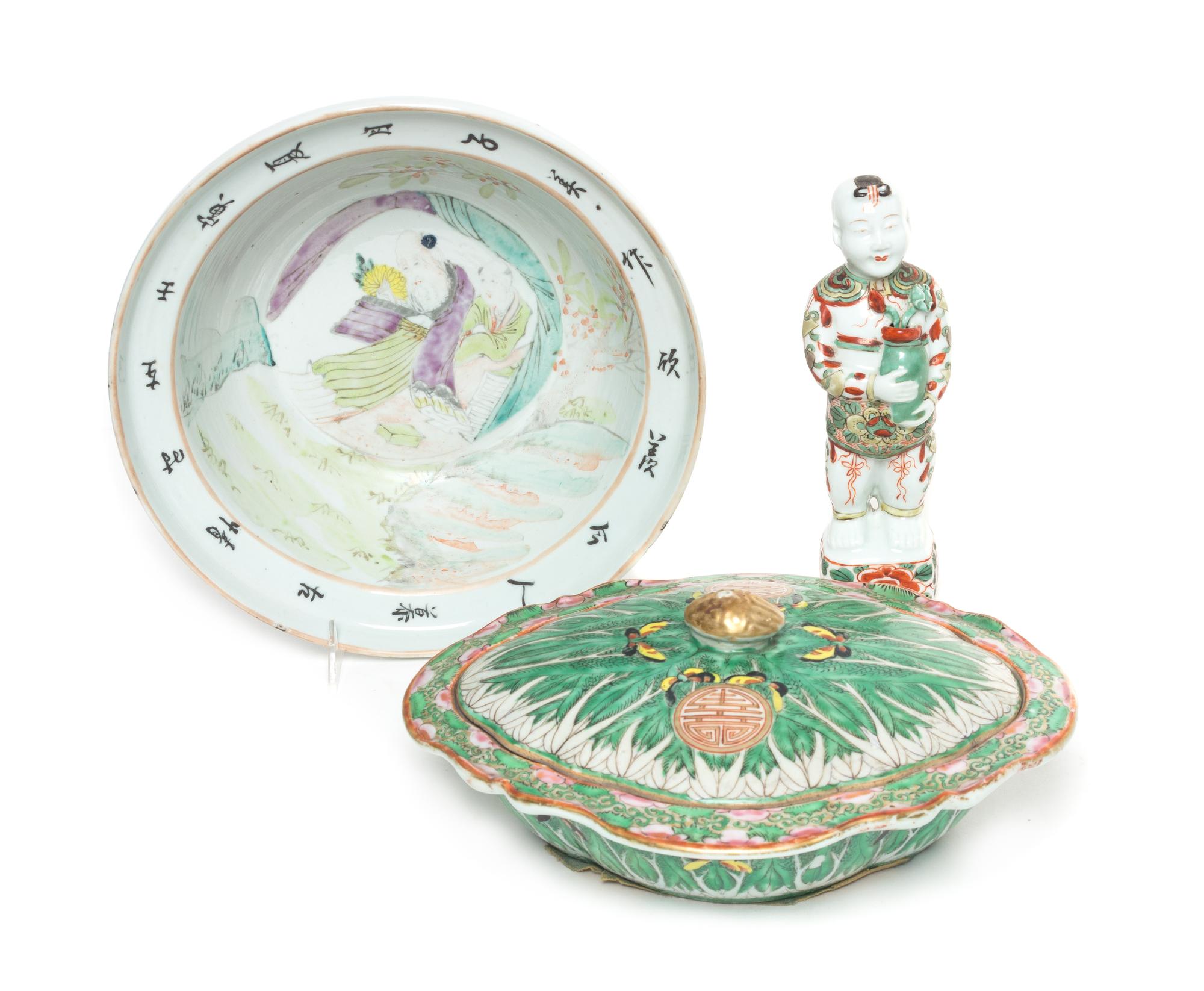 Three Famille Verte and Famille Rose Porcelain Articles Height of Highest 9 inches — 19TH CENTURY