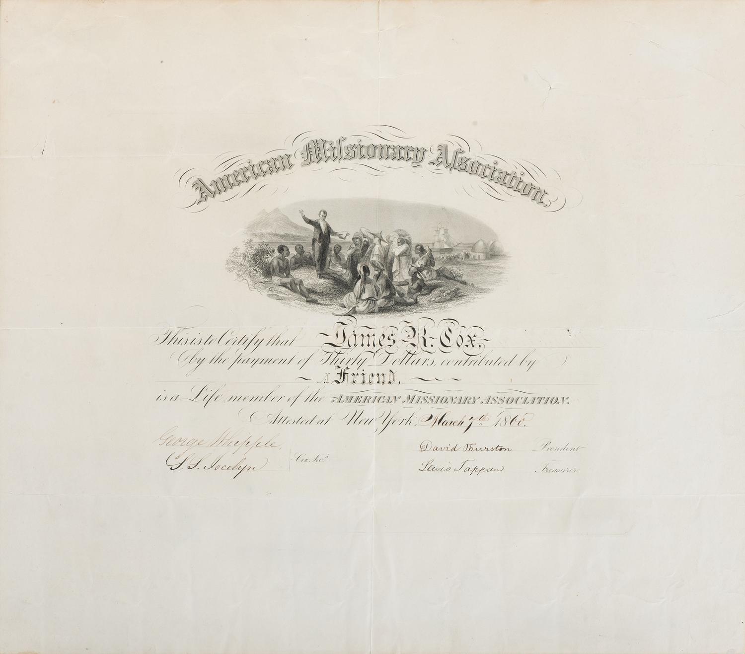 [SLAVERY & ABOLITION]. TAPPAN, Lewis (1788-1873). American Missionary Association certificate signed ("Lewis Tappan"). New York, 7 March 1860.