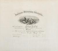 [SLAVERY & ABOLITION]. TAPPAN, Lewis (1788-1873). American Missionary Association certificate signed ("Lewis Tappan"). New York, 7 March 1860.