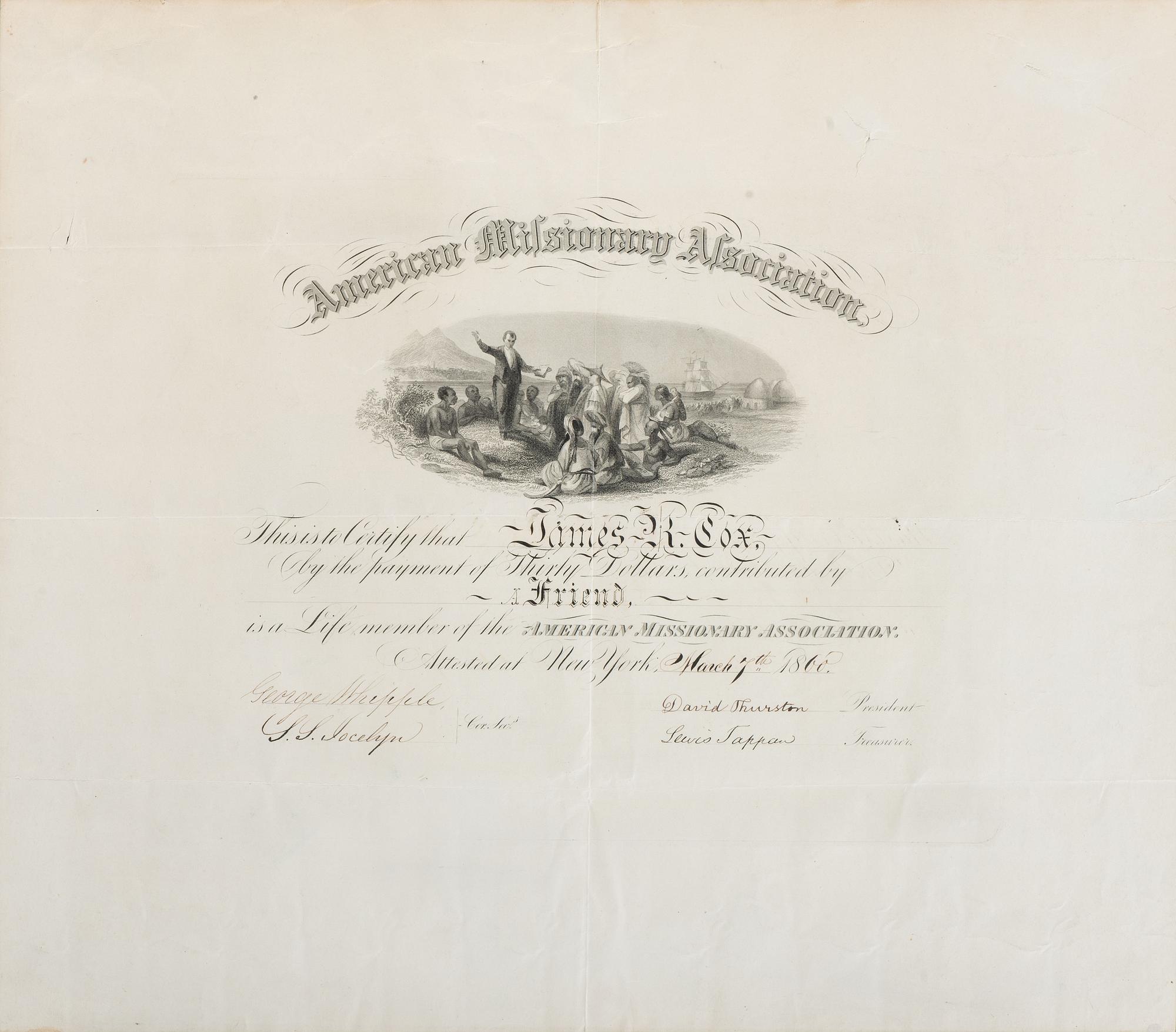 [SLAVERY & ABOLITION]. TAPPAN, Lewis (1788-1873). American Missionary Association certificate signed ("Lewis Tappan"). New York, 7 March 1860.