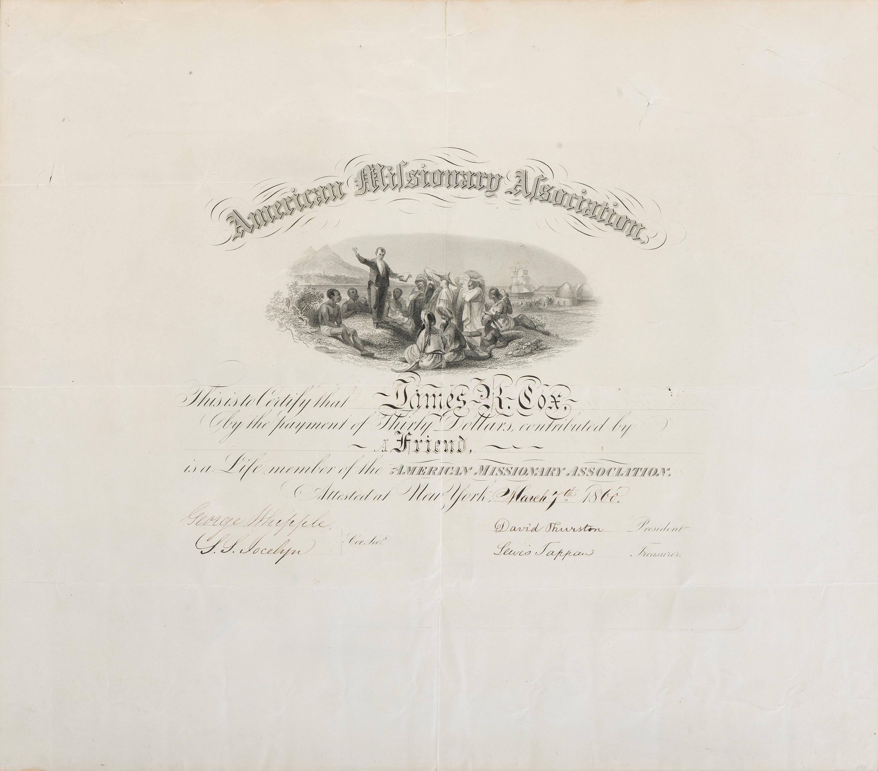 [SLAVERY & ABOLITION]. TAPPAN, Lewis (1788-1873). American Missionary Association certificate signed ("Lewis Tappan"). New York, 7 March 1860.