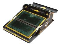 An English Lacquered and Mother-of-Pearl Inset Lap Desk, Width 15 inches.