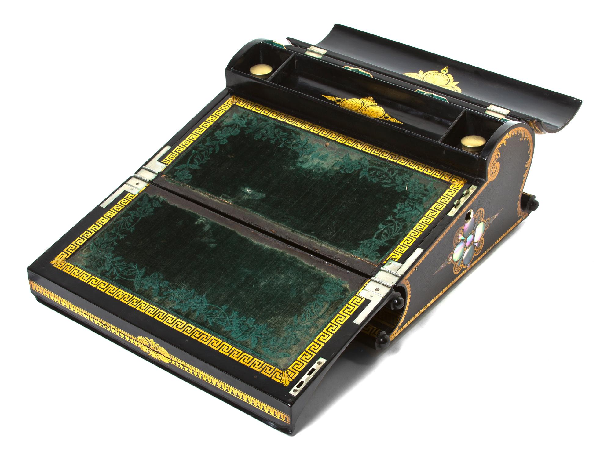 An English Lacquered and Mother-of-Pearl Inset Lap Desk, Width 15 inches.