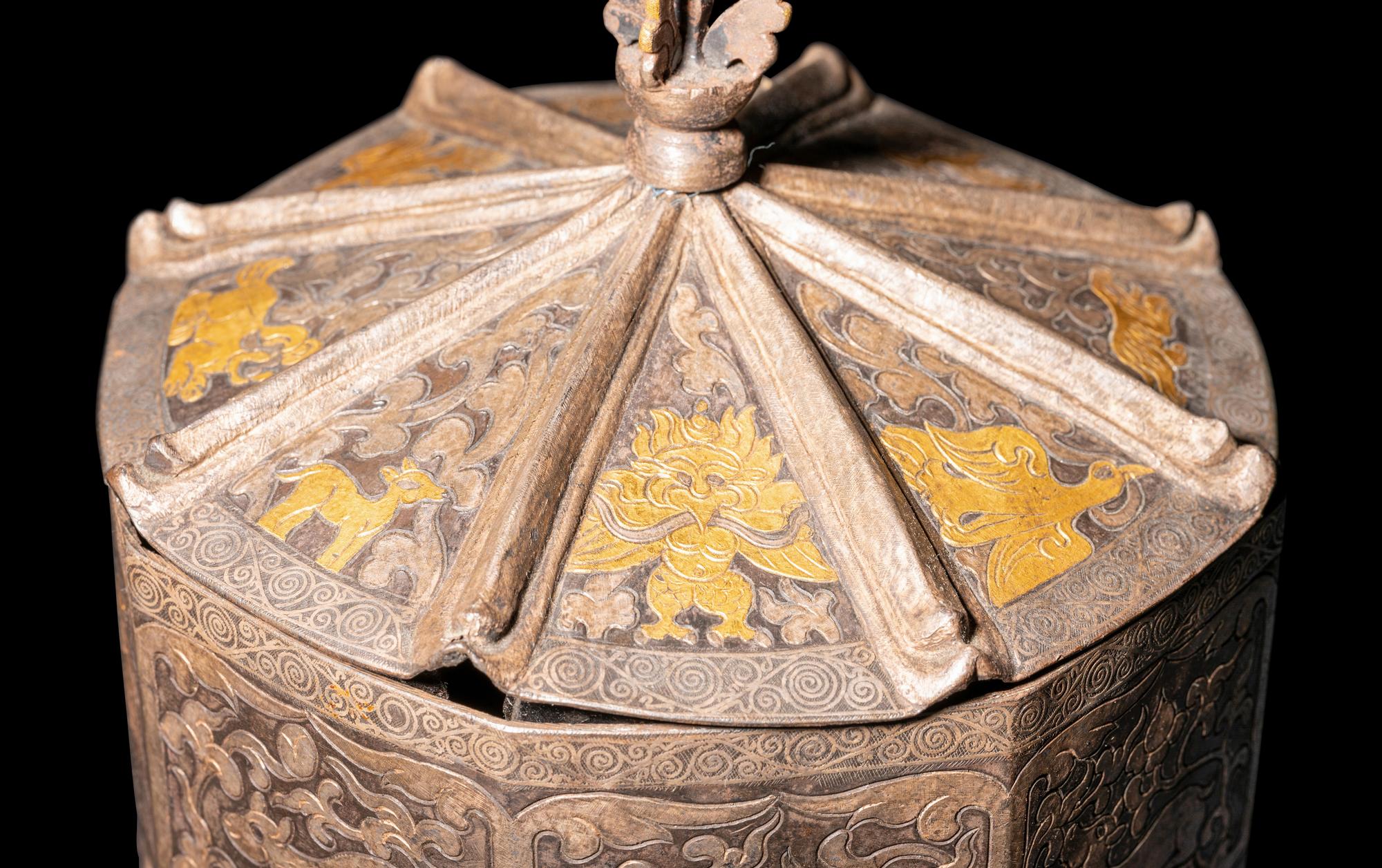 A Tibetan Gilt Inset Metal Covered Box