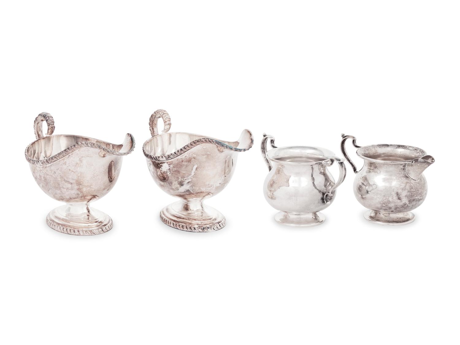 A Pair of English Silver Sauce Boats and an American Silver Sugar and Creamer Set