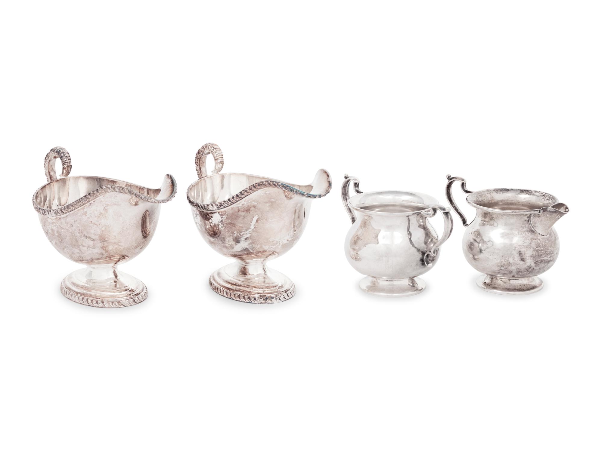 A Pair of English Silver Sauce Boats and an American Silver Sugar and Creamer Set