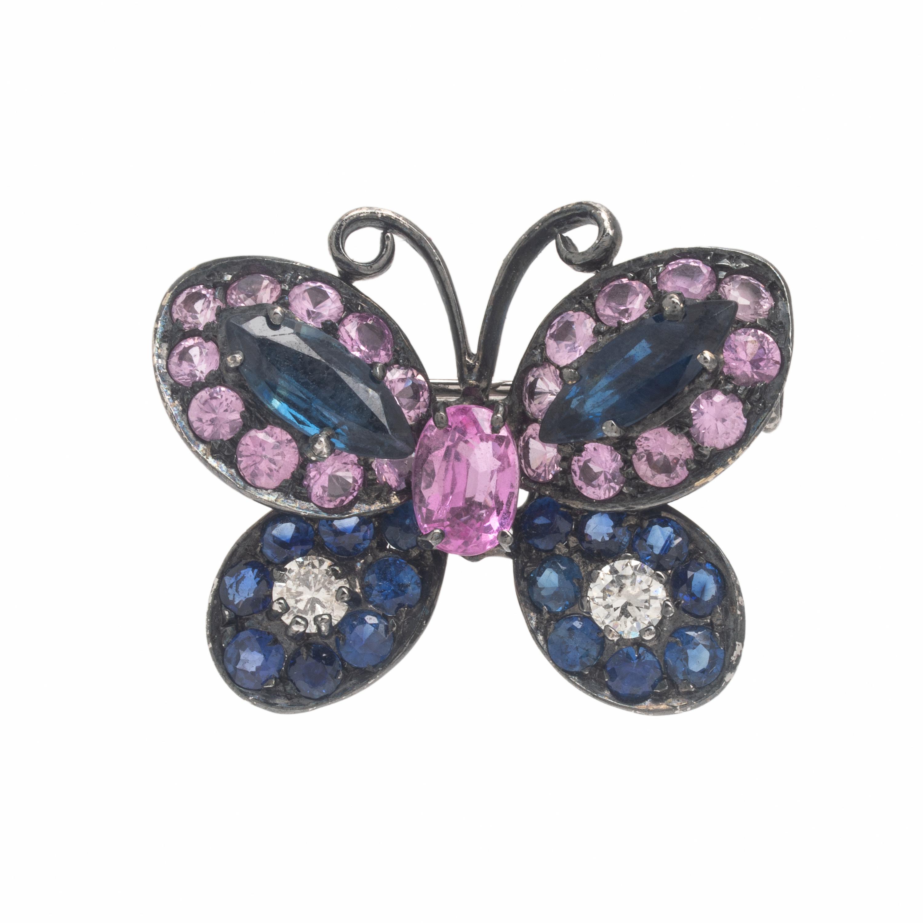 Sapphire, Diamond, and Blackened Gold Butterfly Brooch