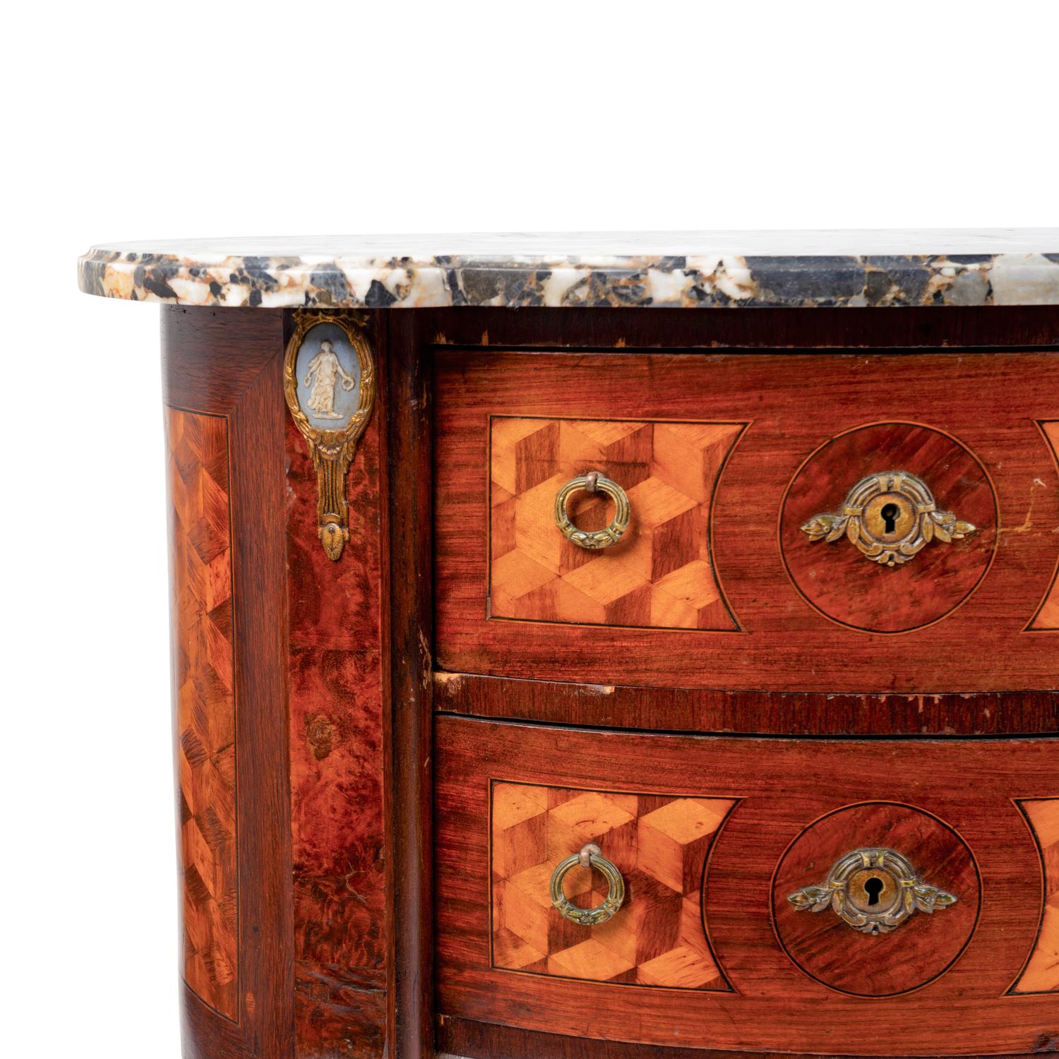 A Pair of Louis XV/XVI Transitional Style Parquetry Inlaid Marble Top Side Cabinets