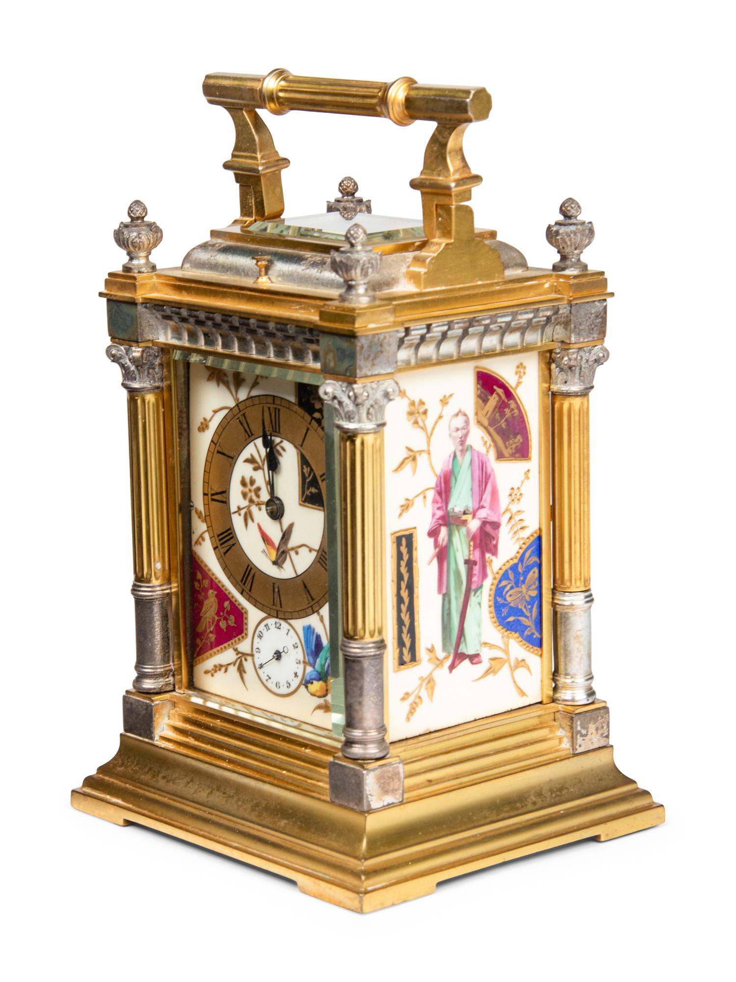 A French Silvered and Gilt Brass Porcelain-Mounted Carriage Clock