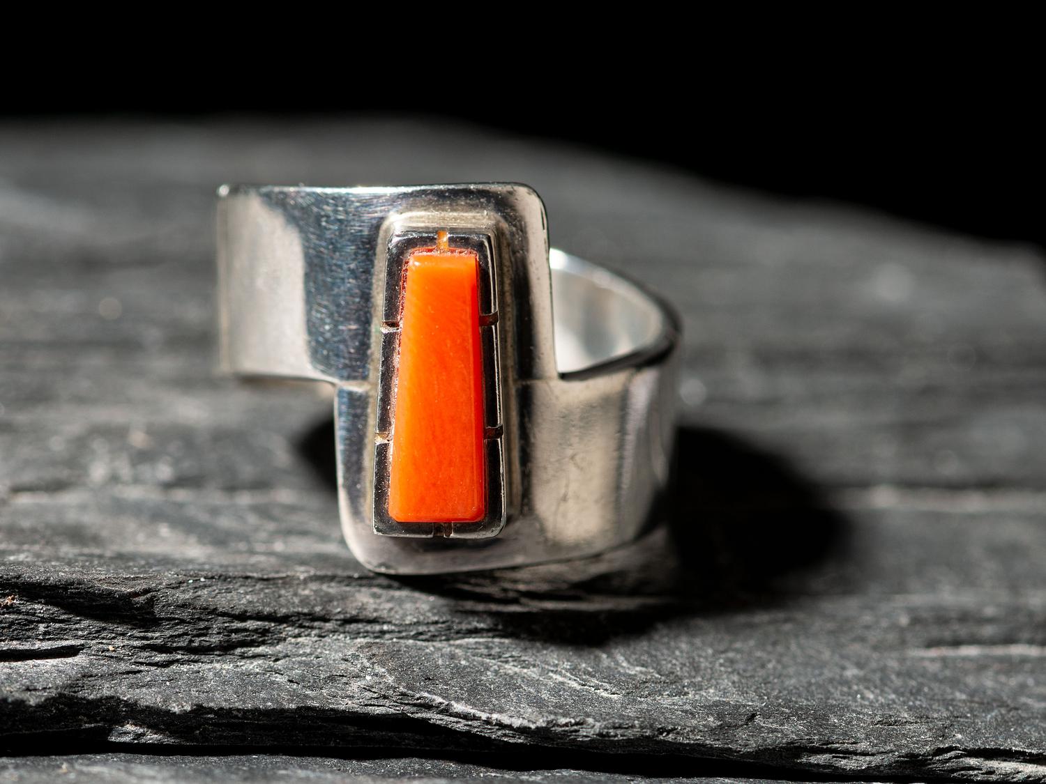 Asymmetric Silver and Coral Ring