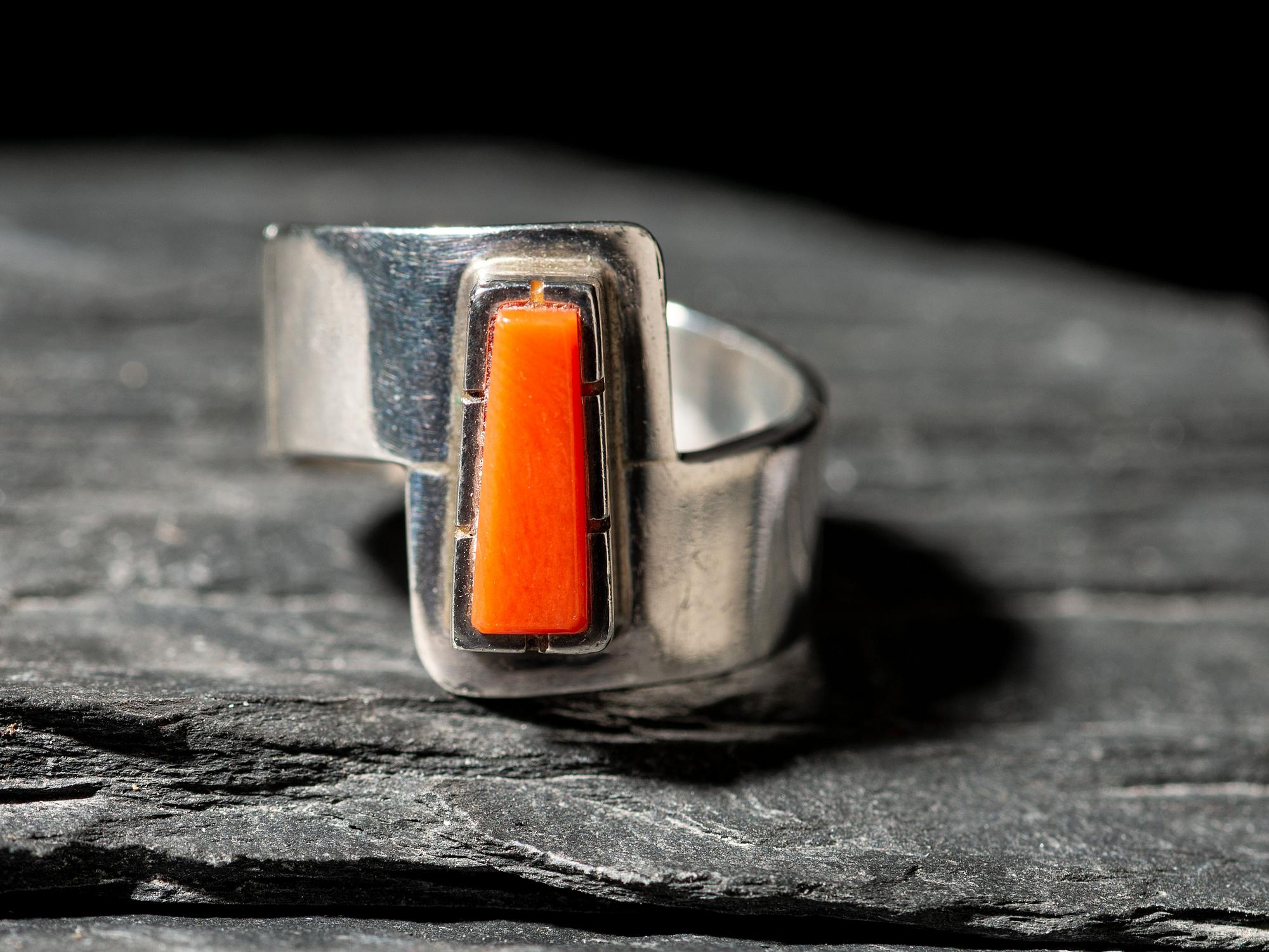 Asymmetric Silver and Coral Ring
