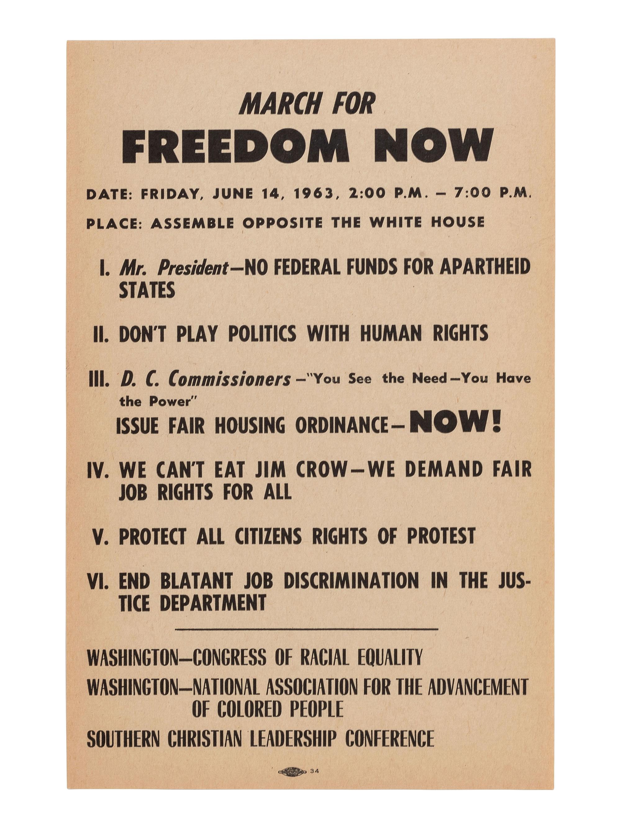 [CIVIL RIGHTS]. March for Freedom Now...Assemble Opposite the White House . [Washington, DC], 14 June 1963. Handbill for march scheduled three days after John F. Kennedy's televised civil rights address.
