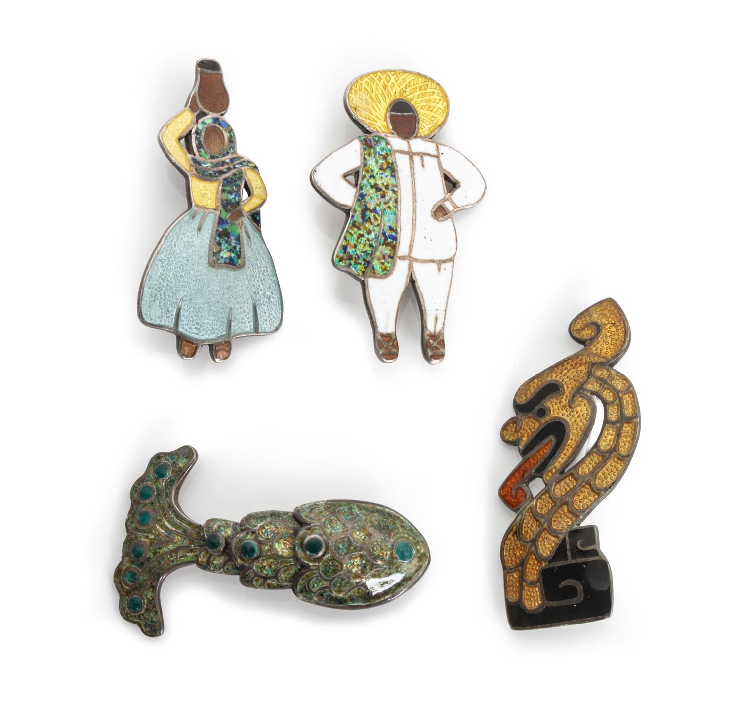 Four Mexican Silver and Enamel Pins, Margot de Taxco (b. circa 1915-1985) Longest: 1 3/4 inches.