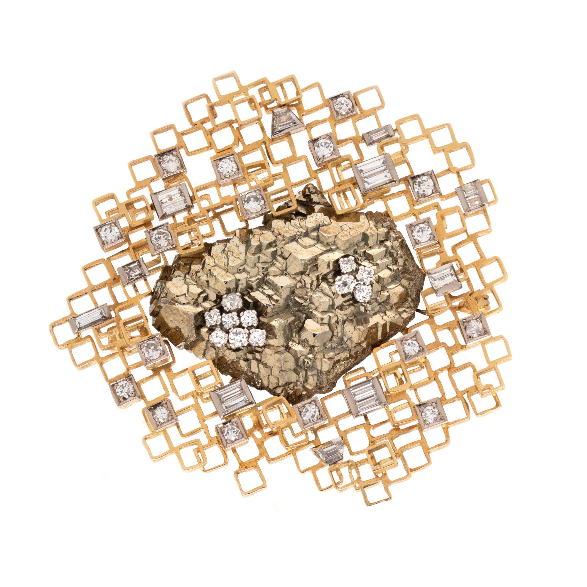 JOHN DONALD, MODERNIST, YELLOW GOLD, DIAMOND AND PYRITE BROOCH