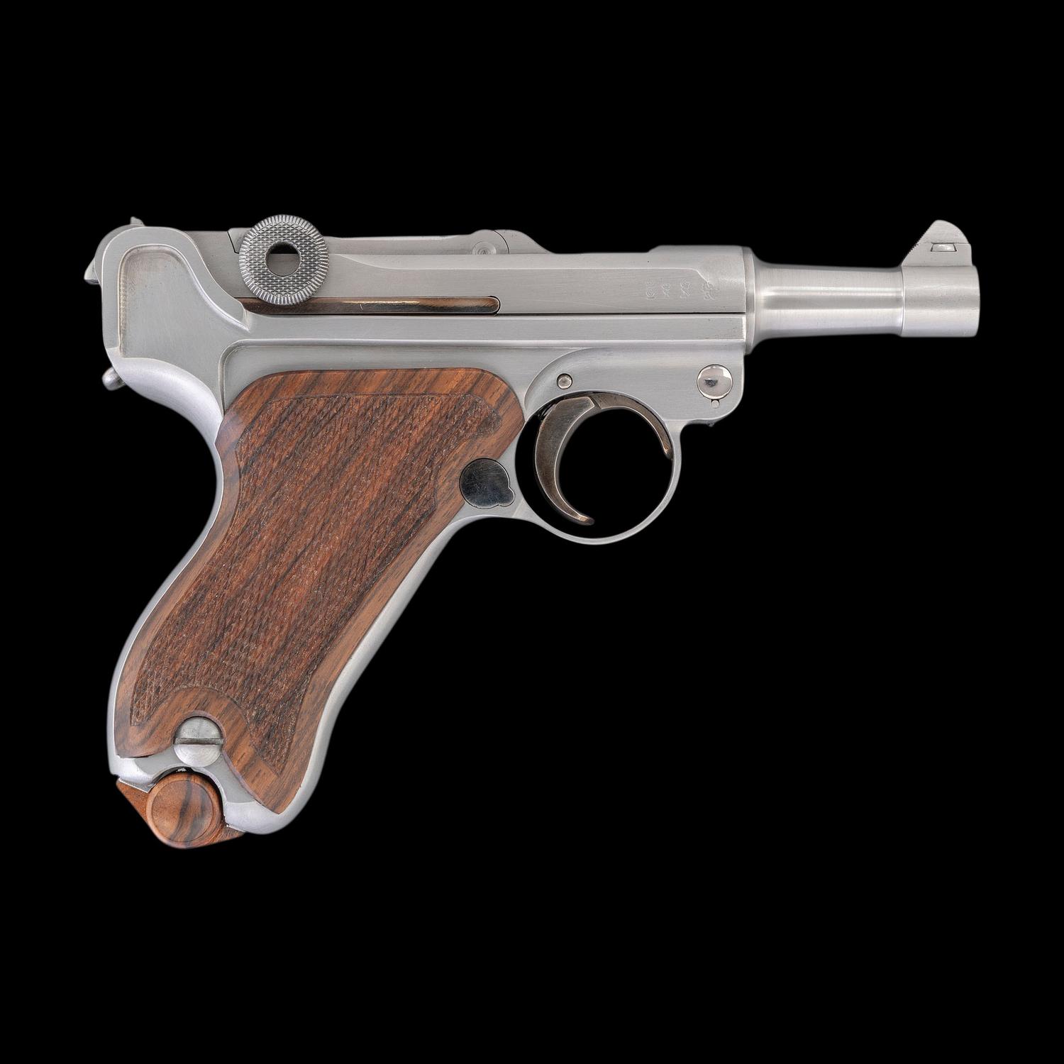 *Bright Finished John Martz Custom Baby Luger 9mm with Matching Stand