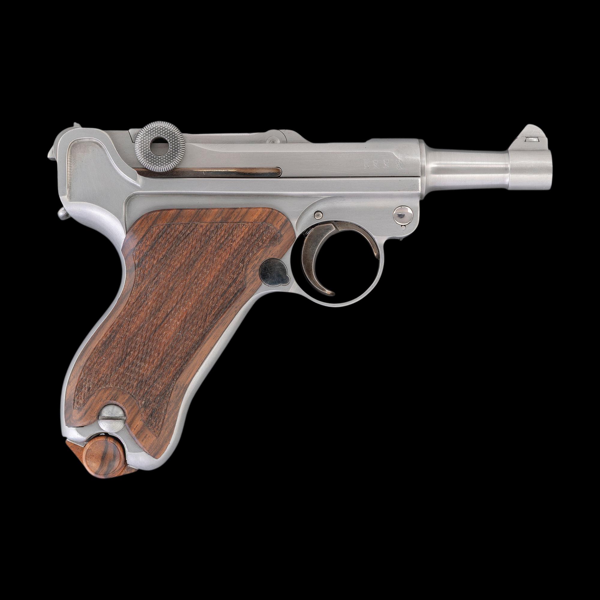 *Bright Finished John Martz Custom Baby Luger 9mm with Matching Stand