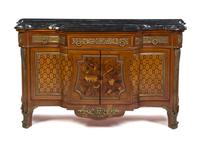 A Louis XVI Style Gilt Bronze Mounted Marquetry and Parquetry Commode, Height 40 x width 67 x depth 22 1/2 inches.