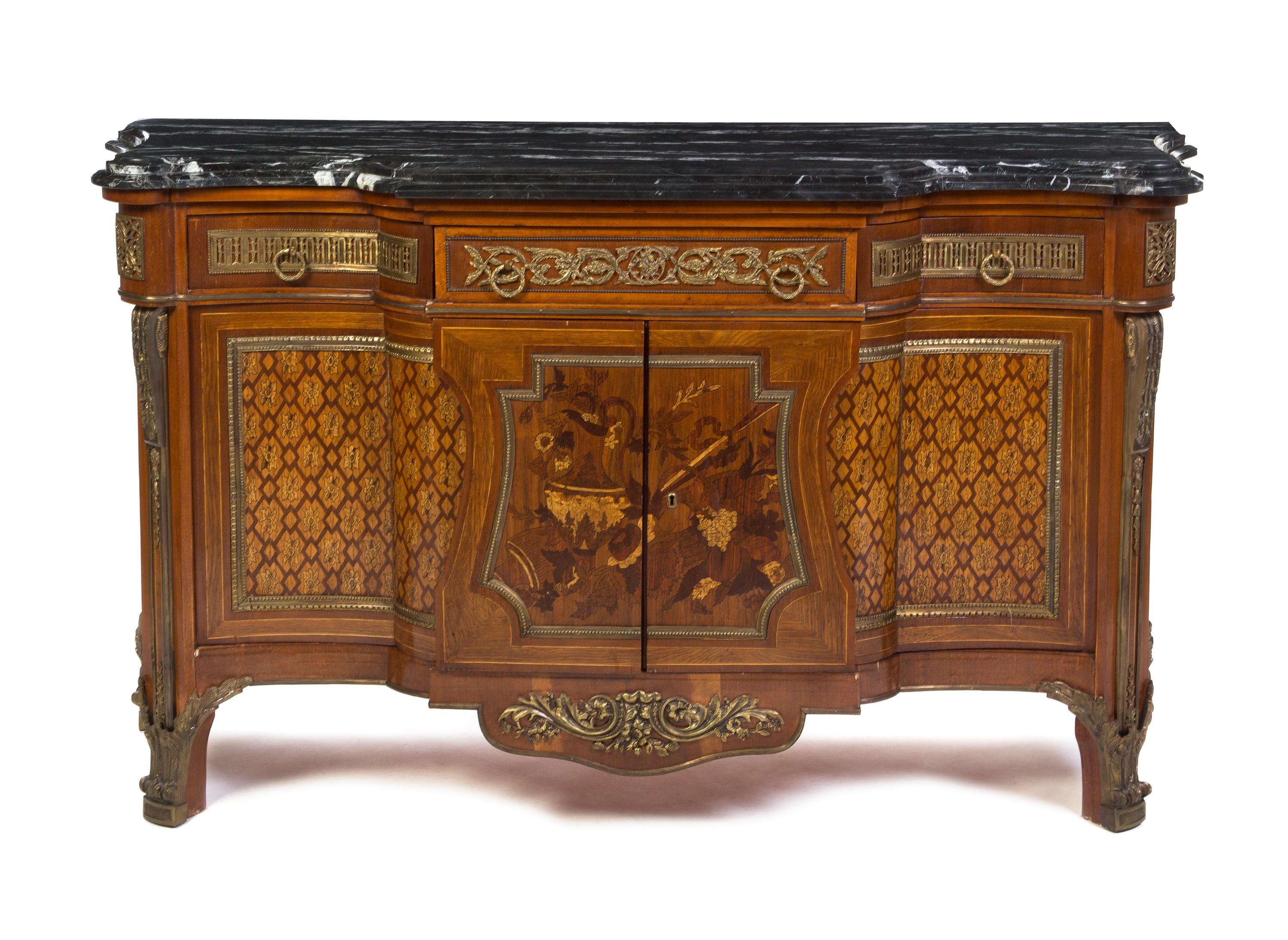 A Louis XVI Style Gilt Bronze Mounted Marquetry and Parquetry Commode, Height 40 x width 67 x depth 22 1/2 inches.