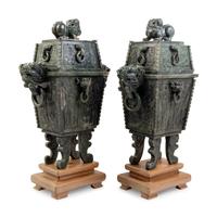 A Pair of Large Chinese Export Carved Hardstone Covered Vessels