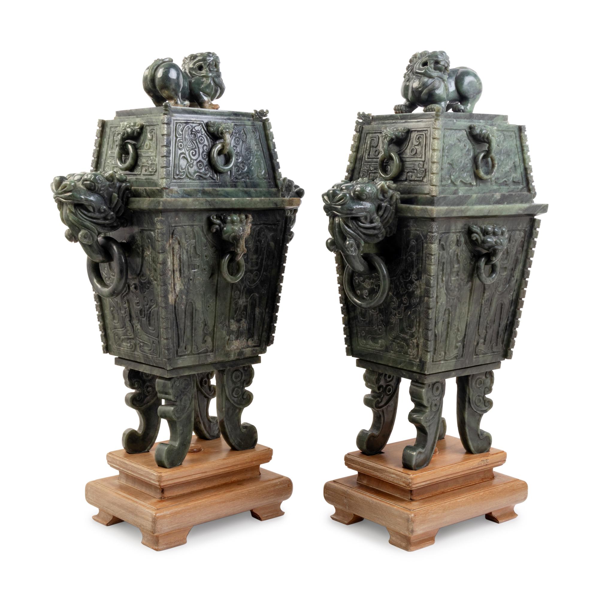 A Pair of Large Chinese Export Carved Hardstone Covered Vessels