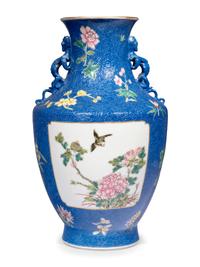 A Chinese Powder Blue Ground Famille Rose Porcelain Vase