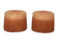 A Pair of Button-Tufted Damask Upholstered Ottomans