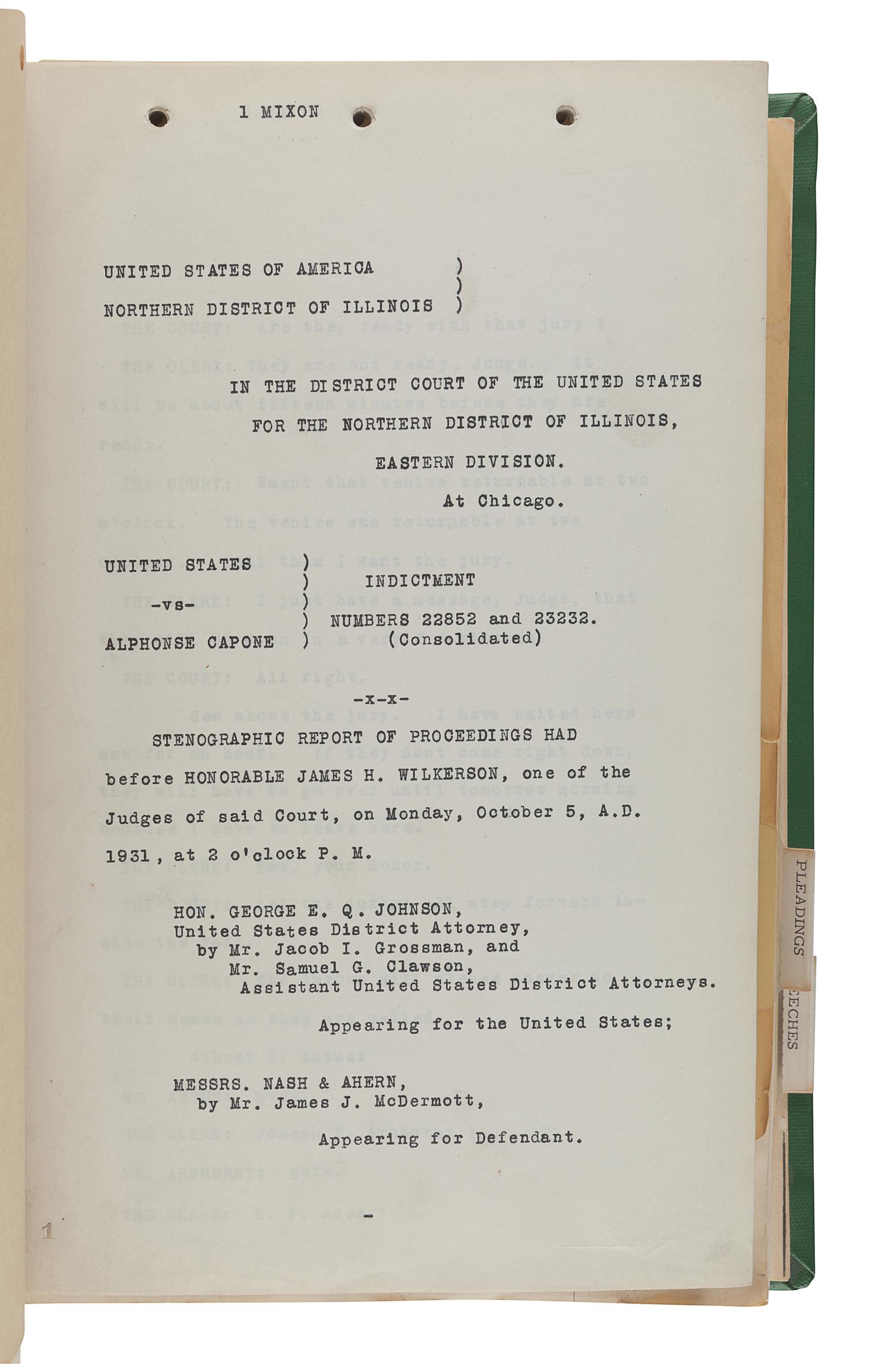 [CAPONE, Alphonse]. THE UNITED STATES OF AMERICA V. ALPHONSE CAPONE. An archive of approximately 443 carbon copy typescript pages and 58 mimeographed pages relating to the 1931 case against Al Capone.