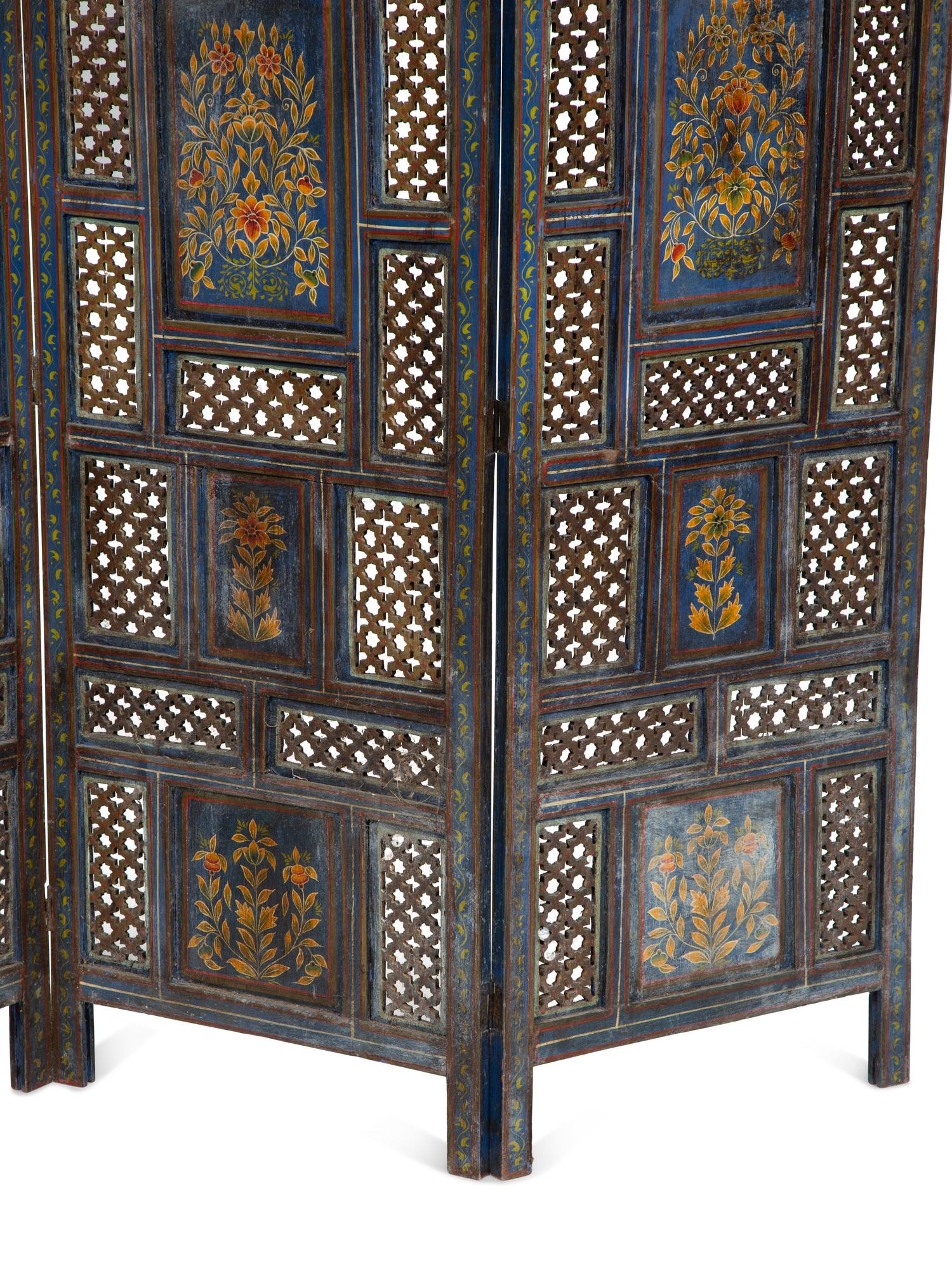 An Indian Painted and Pierce Carved Four Panel Floor Screen