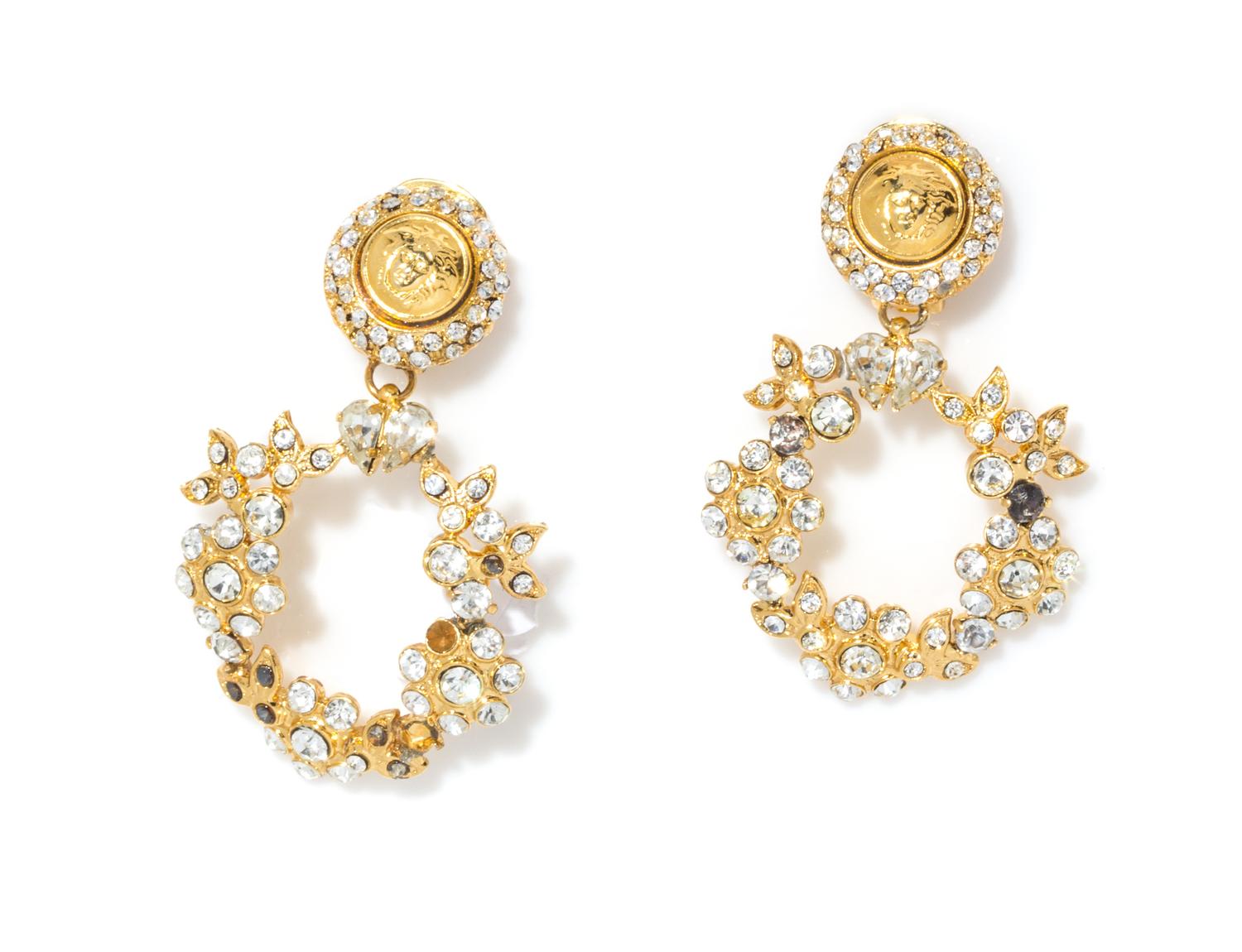 A Pair of Gianni Versace Floral Wreath Drop Earclips, Medallion: .75" x .75"; Wreath: 1.5" x 1.5"; Drop: 2.75".
