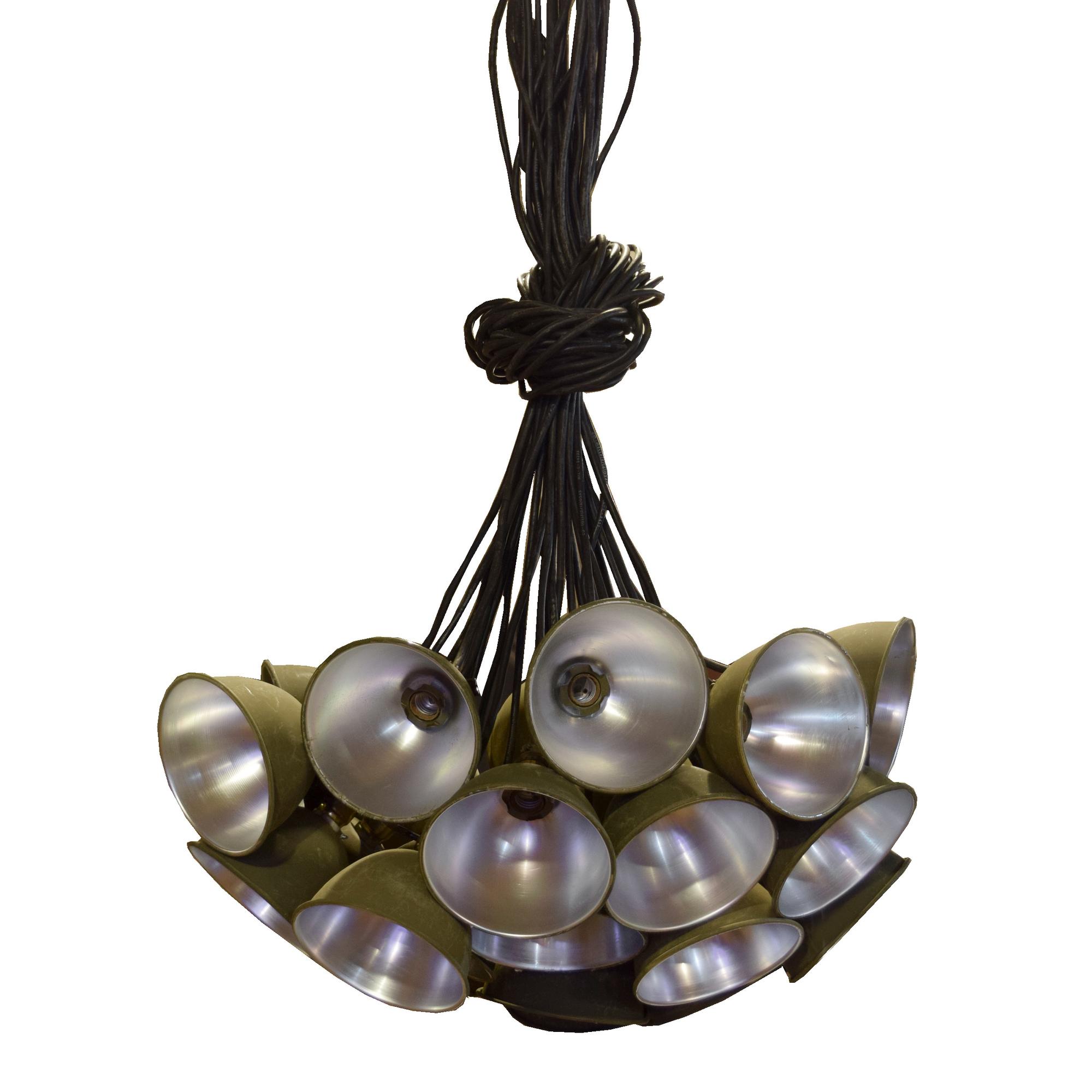 A Multi-Light Chandelier with American Army Issued Shades 31" W x 31" D x 68" H — United States, Circa 1940