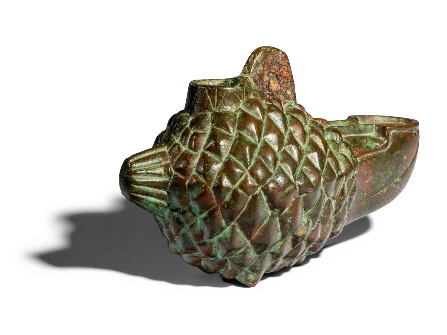 A Roman Bronze Oil Lamp in the form of a Pinecone
