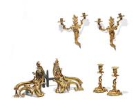 A group of six Louis XV style ormolu lighting accessories, 19th century