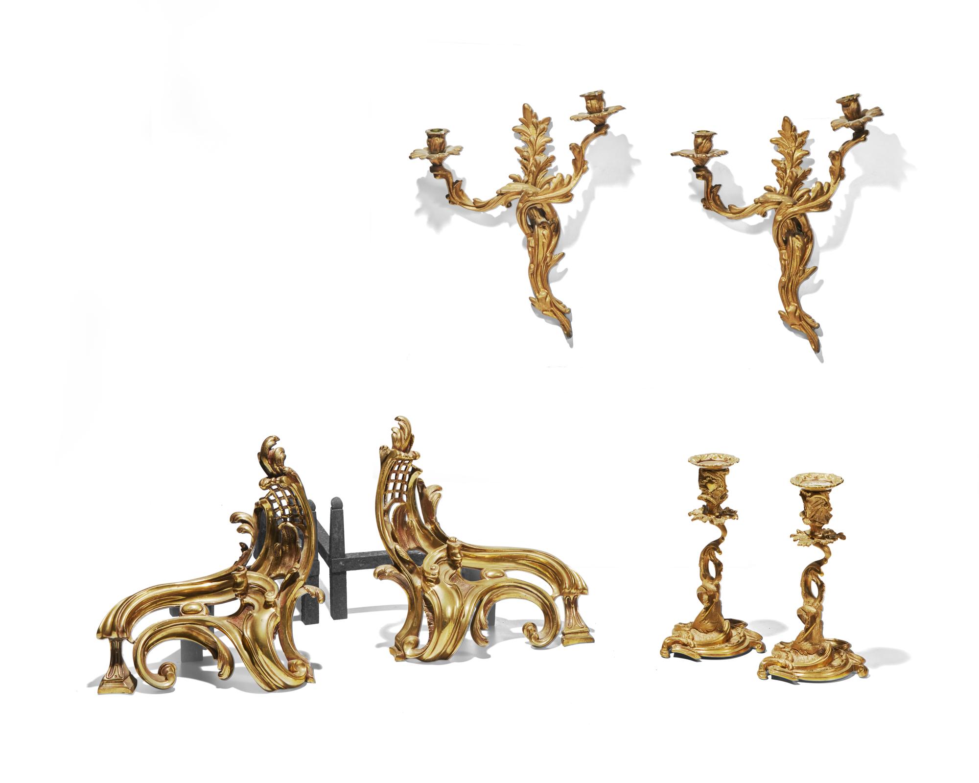 A group of six Louis XV style ormolu lighting accessories, 19th century