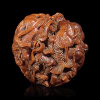 A Chinese Carved Luohan Walnut, 19th/Early 20th Century — 晚清/民國 羅漢圖文玩核桃