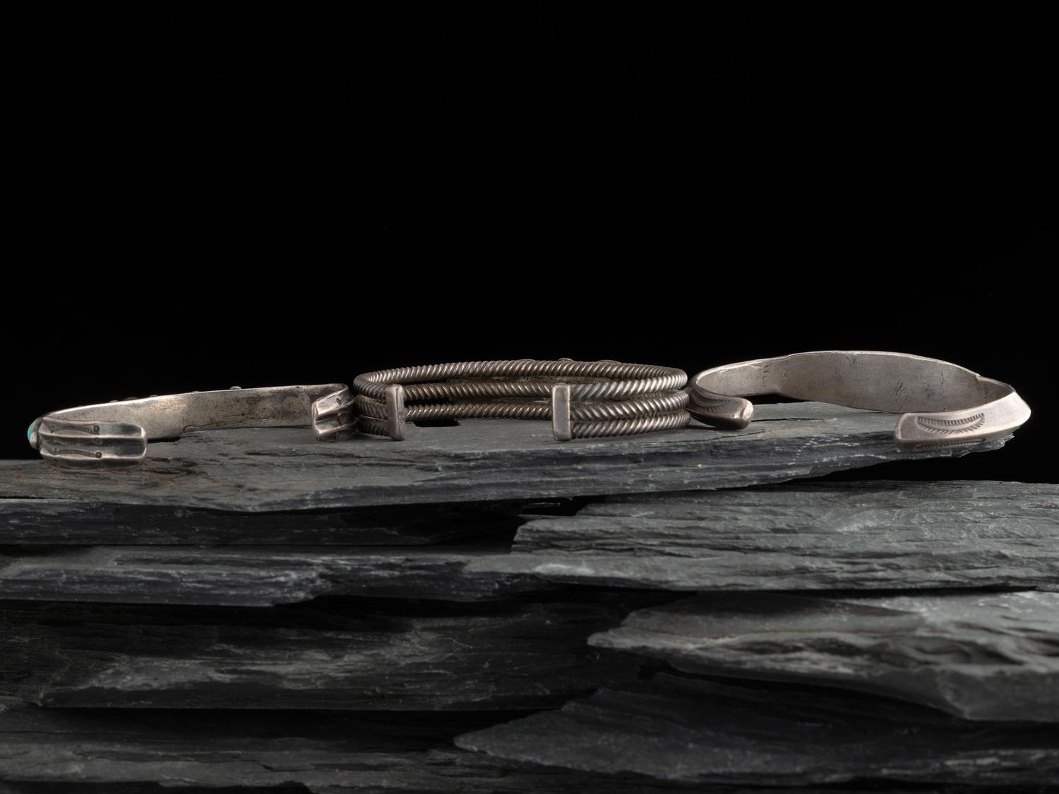 Navajo Slender Ingot and Turquoise Cuff Bracelets