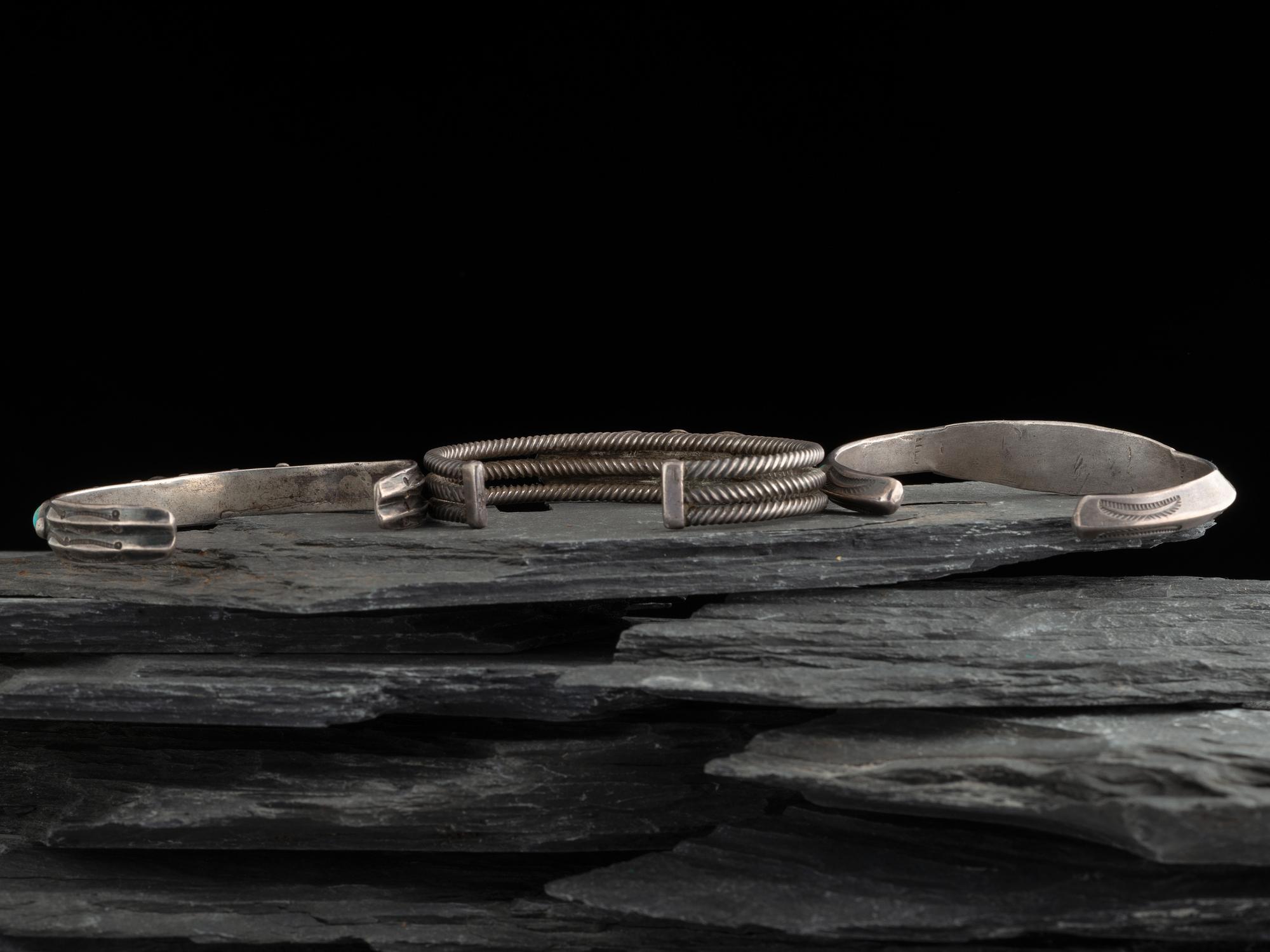 Navajo Slender Ingot and Turquoise Cuff Bracelets