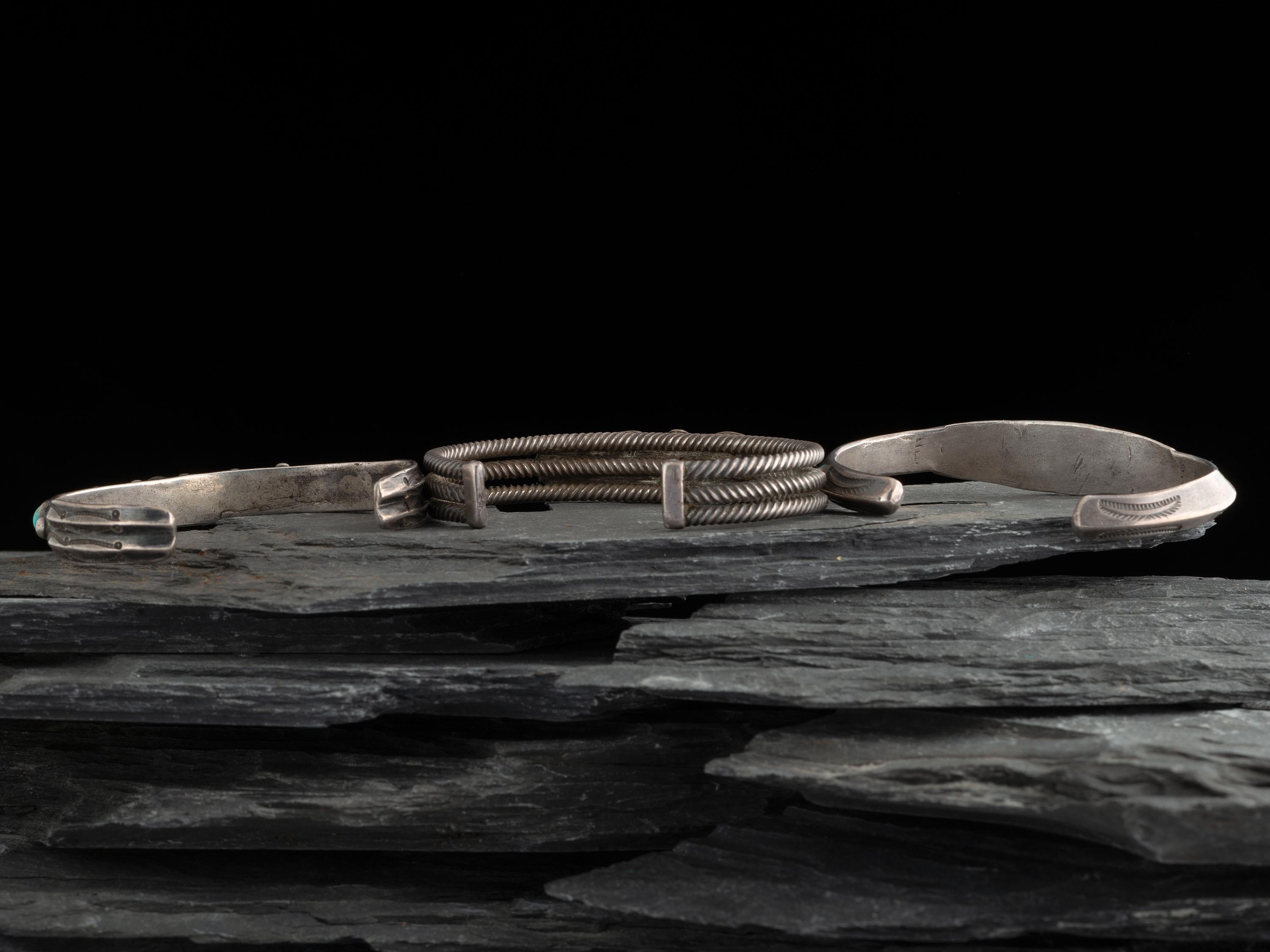 Navajo Slender Ingot and Turquoise Cuff Bracelets