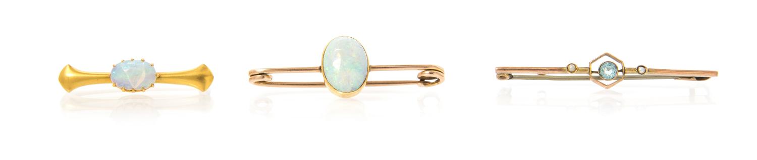 A Collection of Yellow Gold, Opal, Aquamarine and Seed Pearl Bar Brooches, 5.70 dwts.