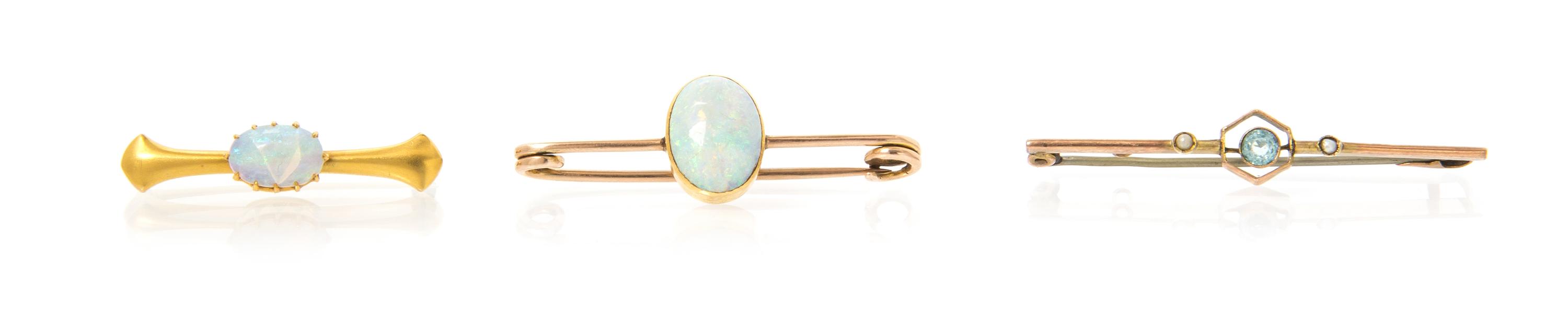 A Collection of Yellow Gold, Opal, Aquamarine and Seed Pearl Bar Brooches, 5.70 dwts.