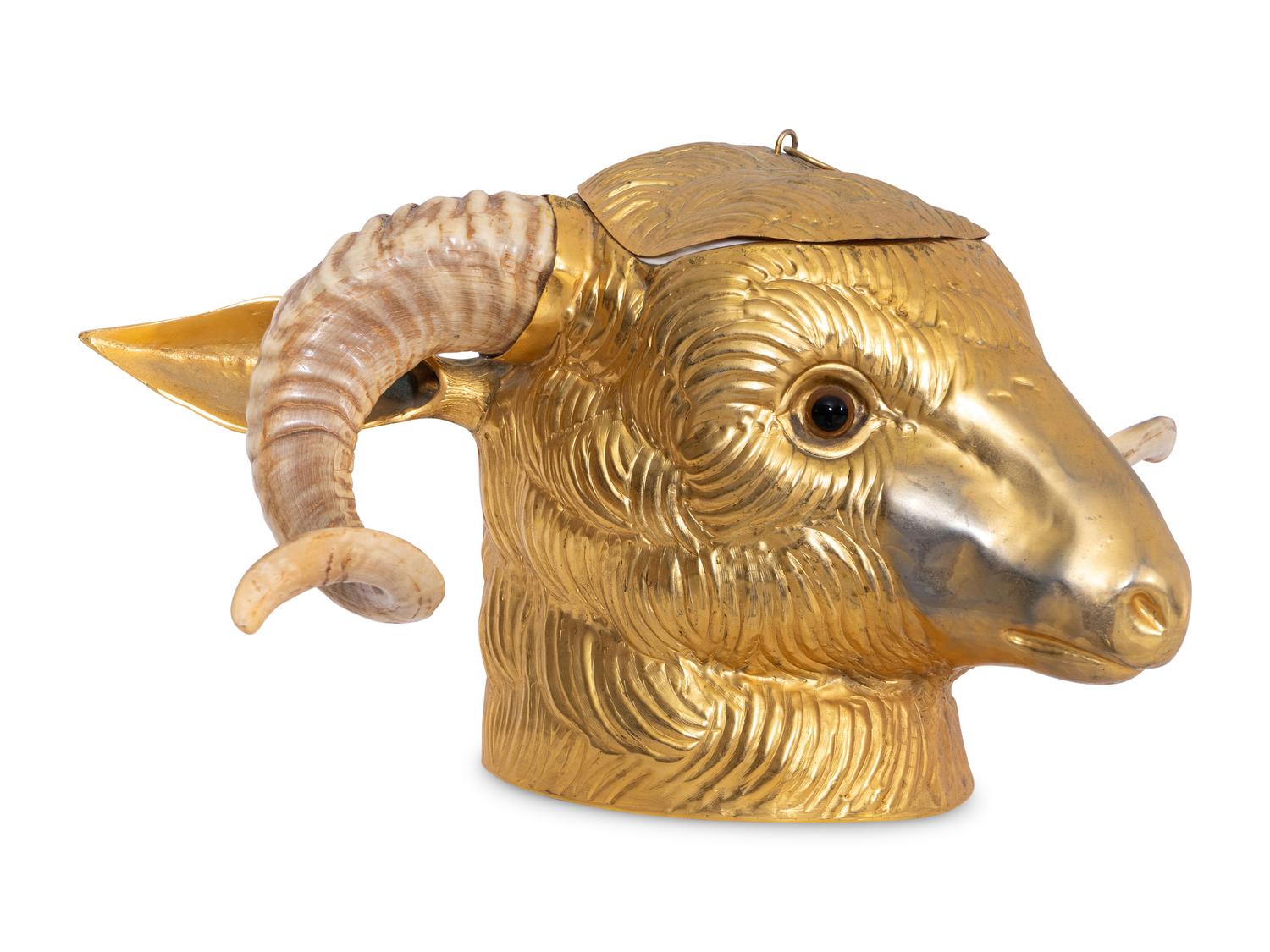 A Gilt Metal and Horn Ice Bucket in the Form of a Ram's Head