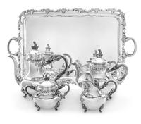 A German Silver Four-Piece Tea and Coffee Service, Gayer & Strauss, Schwabisch Gmund, Mid-20th Century, Alt-Heidelberg pattern, compris