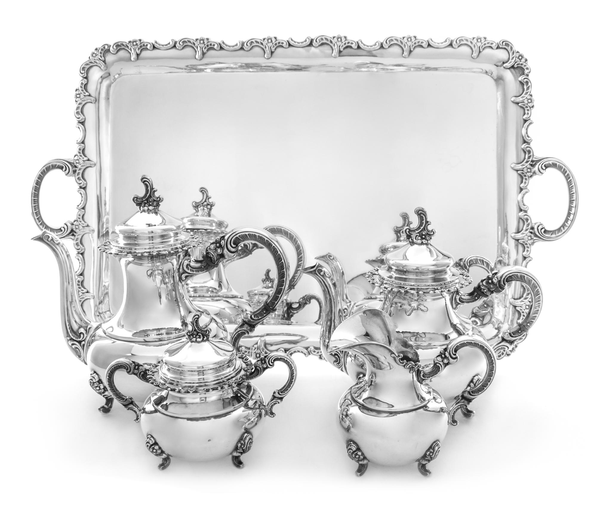 A German Silver Four-Piece Tea and Coffee Service, Gayer & Strauss, Schwabisch Gmund, Mid-20th Century, Alt-Heidelberg pattern, compris