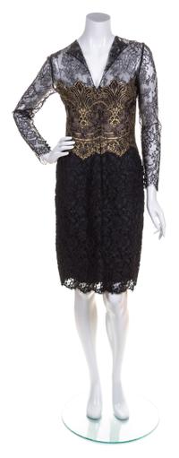 A Bill Blass Black and Gold Lace Dress, Size 10.